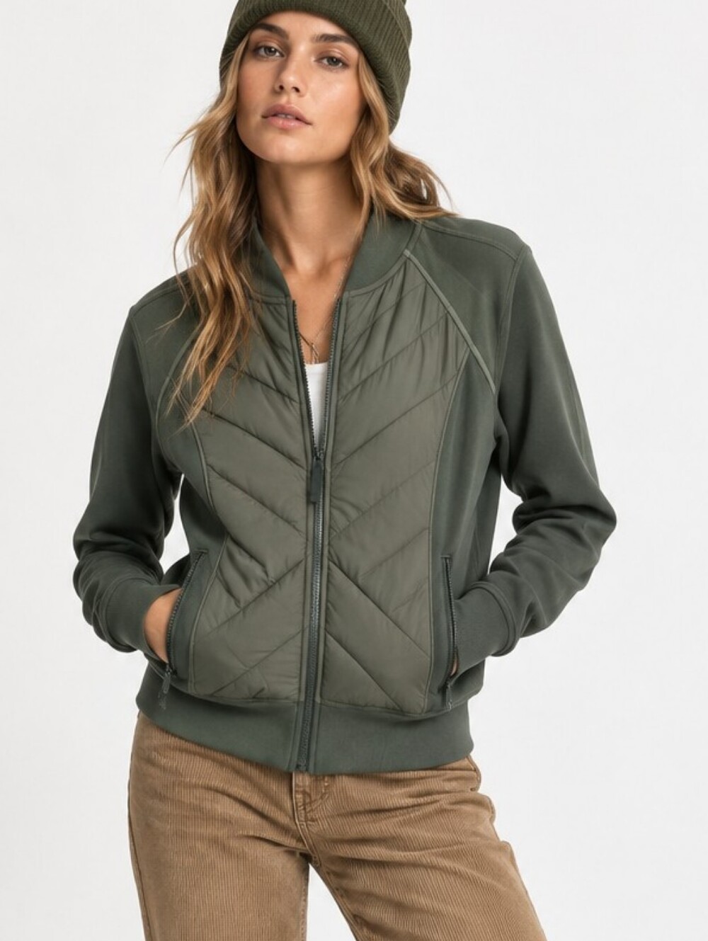 Zella Puffer Lightweight Zip Jacket Olive Green Medium